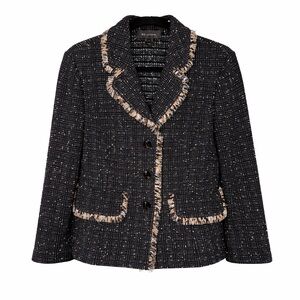 St. John Black Boucle Tweed Jacket Blazer Fringe Trim Size 8 Classic Luxury